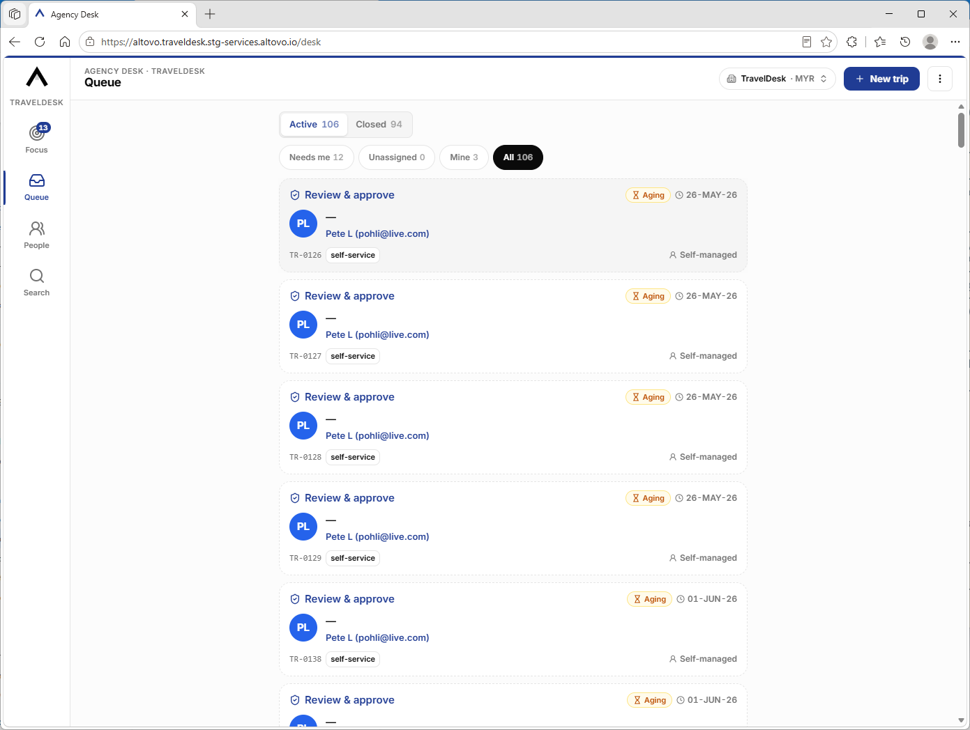 The Queue tab with lifecycle and standing-view filters.