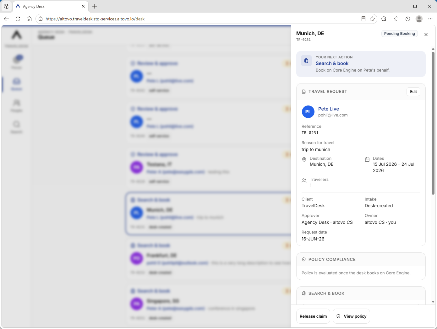 A trip record open in the Agency Desk, with the action bar.