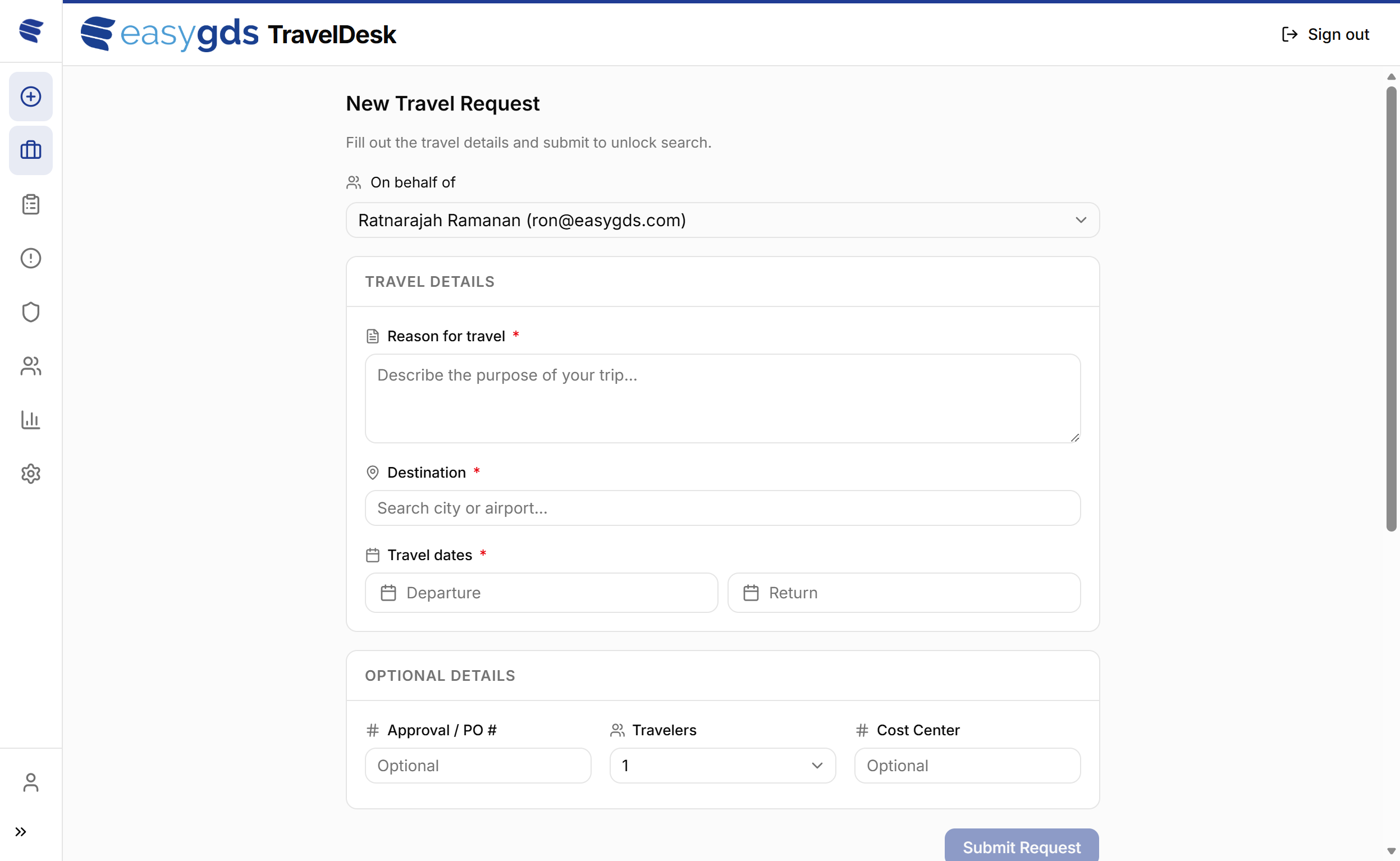 The New Travel Request form.
