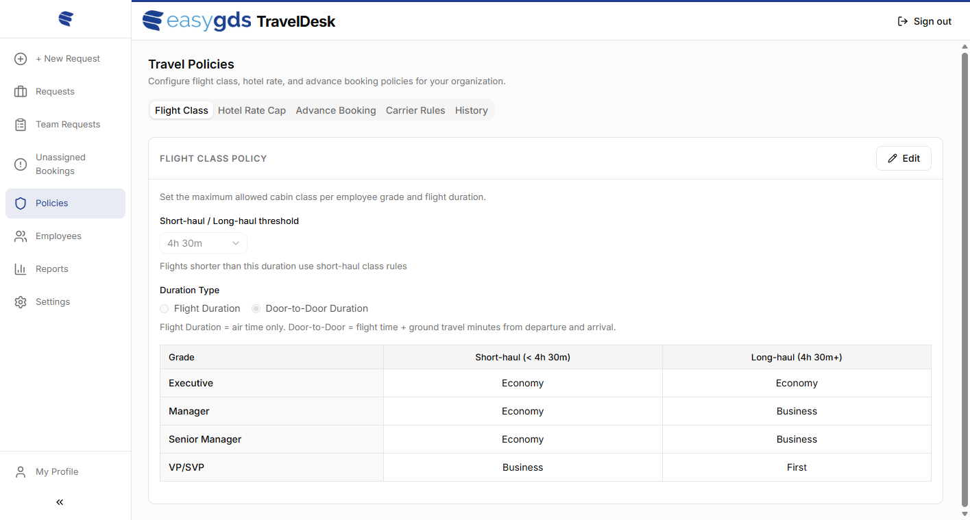 The Flight Class policy configuration.