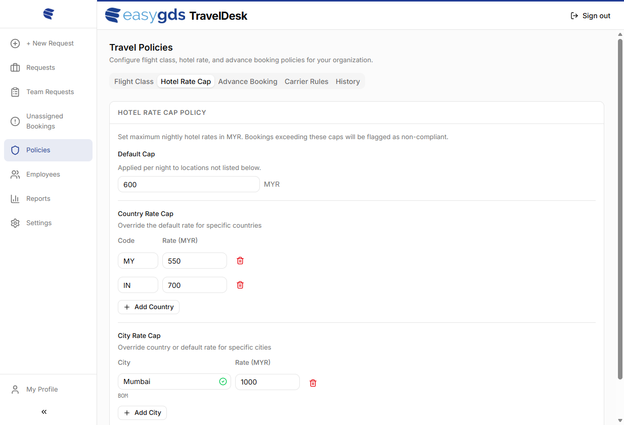 The Hotel Rate Cap policy configuration.