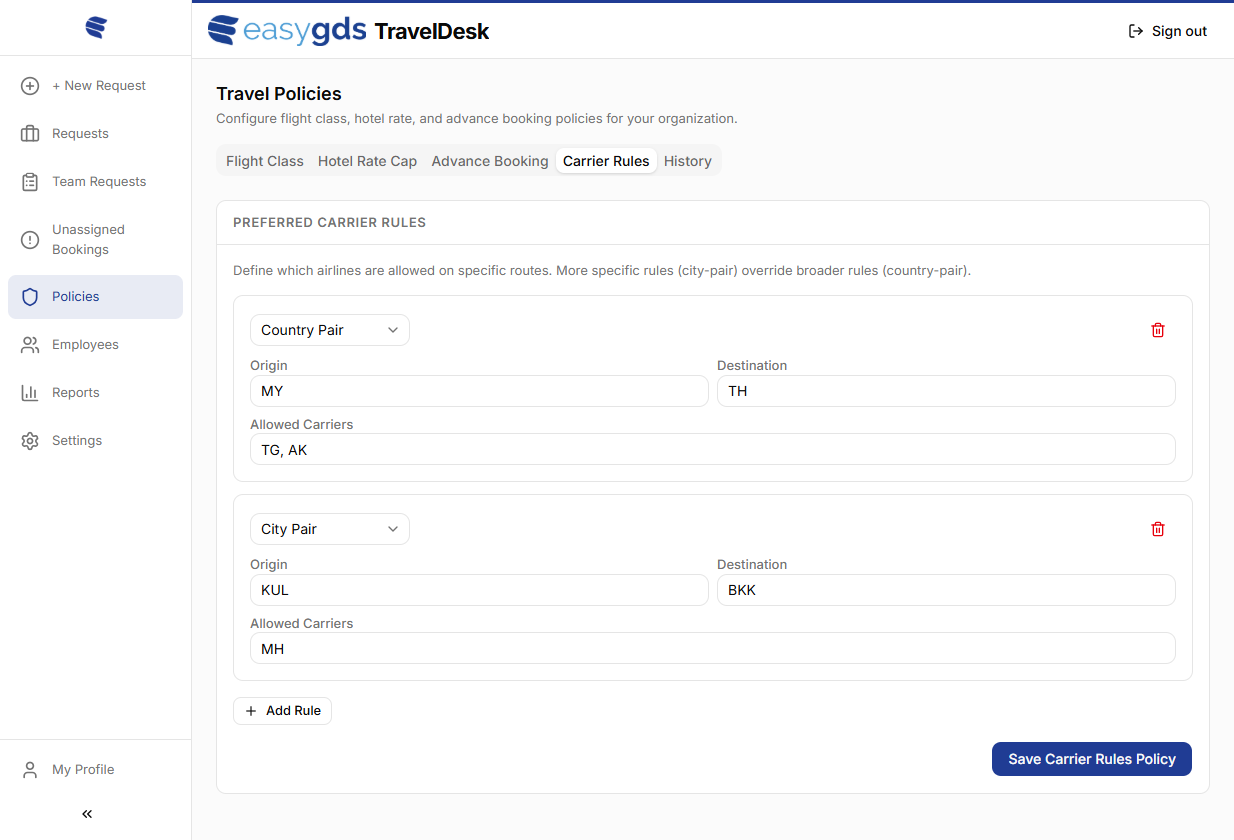 The Carrier Rules configuration.