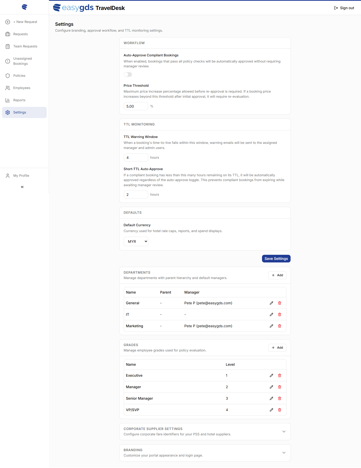 The global Settings page.