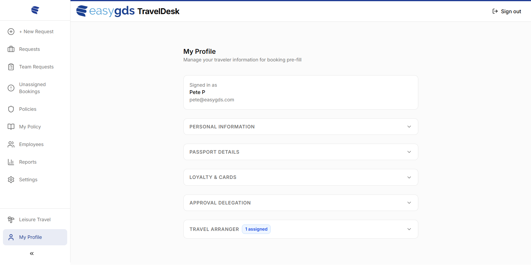 The My Profile page with its expandable sections.